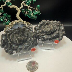 Silver Sheen Black Obsidian Peony Carving Medallion Crystal Stone